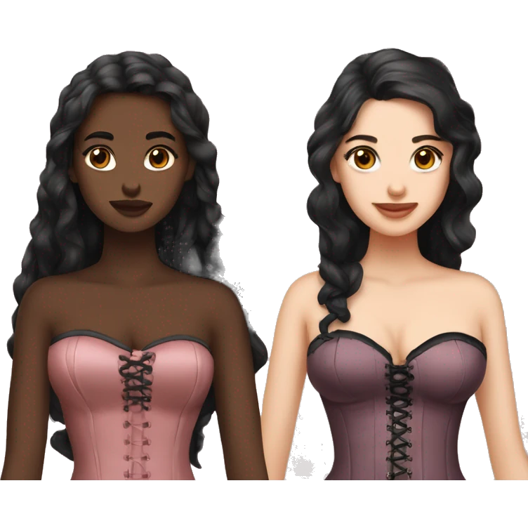 draw two girls separately in corsets with fair skin and brown eyes one has straight shoulder length black hair and the other with wavy long brown hair emoji