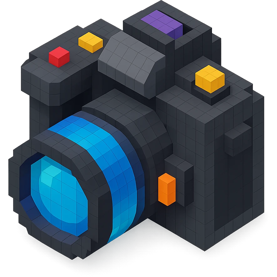 modern DSLR camera, isometric view, voxel style emoji
