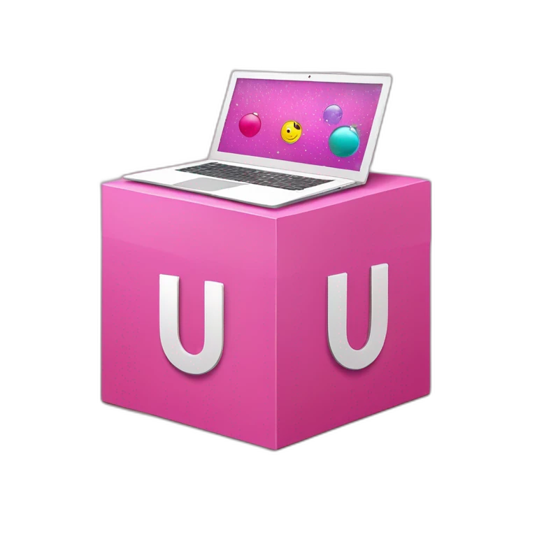 Inside a pink box, the letter "u" is in the middle, and disco ball, laptop, pencil and paint emojis peeking out from around the box. emoji