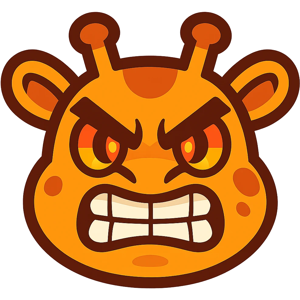 A fierce, determined cartoon giraffe face with furrowed brows, clenched teeth, and fiery eyes. The design should be bold and comically exaggerated, suitable for a 'grr' or 'tryhard' emote. Use sharp angles for the eyebrows, vibrant colors, and a clean, readable style even at small sizes. Cartoonish, kawaii-inspired style, vibrant toon emoji