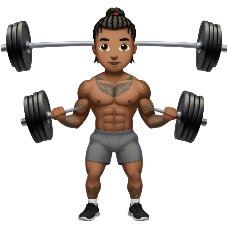 Buff black man with short braids and tattoos lifting weights emoji