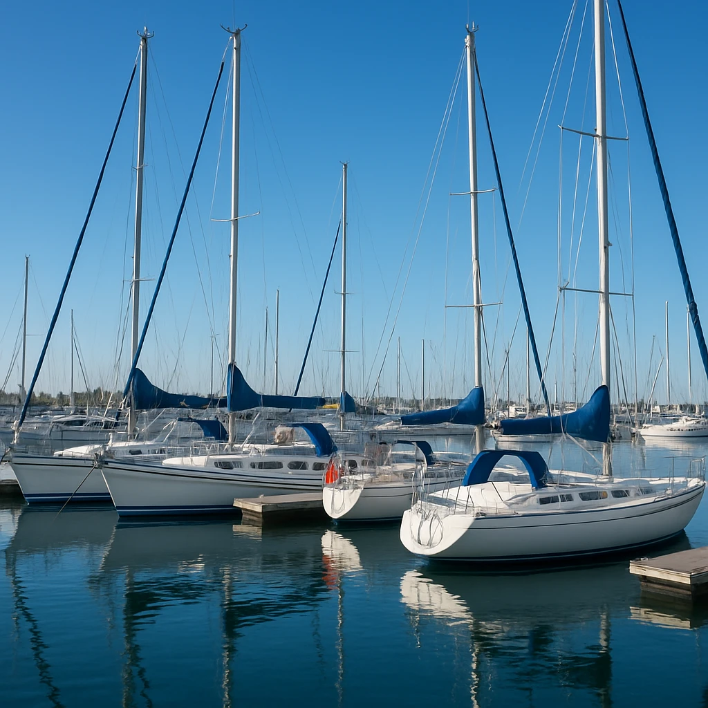 photorealistic port with sailboats, clear blue sky emoji