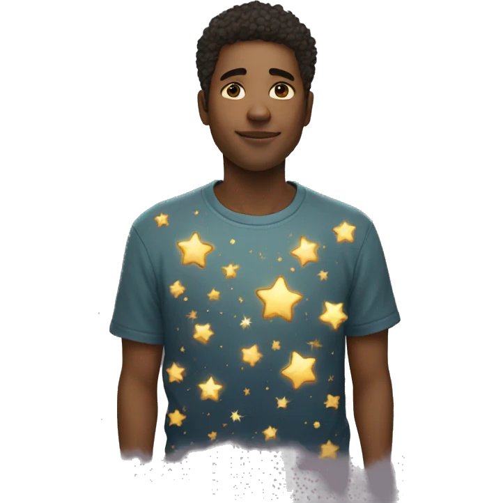 Person wearing t shirt filled with golden stars galaxies celestial emoji