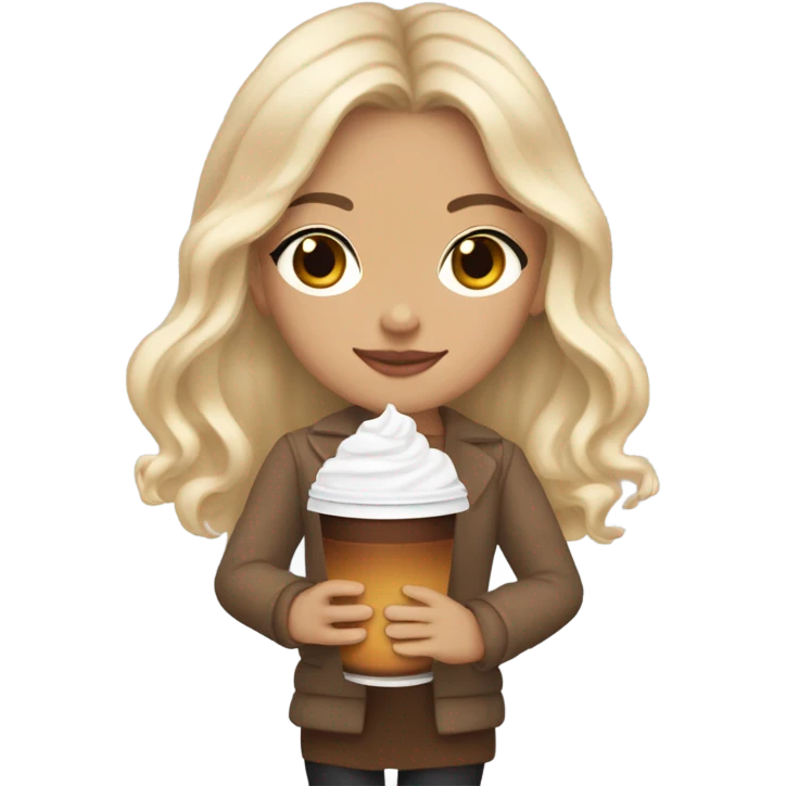 aesthetic white girl with blonde wavy hair and brown eyes sipping an iced americano in a cute coffee shop  emoji