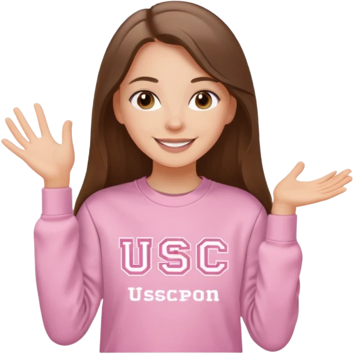 happy white long brunette hair girl with hazel eyes and in light pink sweatshirt with USC in white emoji