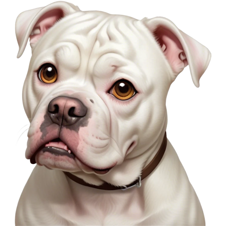 Cinematic Comical White American Bulldog Portrait Emoji, Head tilted dramatically with an exaggeratedly shocked or offended expression, short white fur with a slightly wrinkled forehead, wide, expressive brown eyes filled with exaggerated disbelief, Simplified yet hilariously expressive features, highly detailed, glowing with a slightly sassy glow, high shine, dramatic yet playful, stylized with an air of attitude, bright and endearing, soft glowing outline, capturing the essence of a sassy and over-the-top pup, so meme-worthy it feels like it could side-eye its way into internet fame instantly! emoji