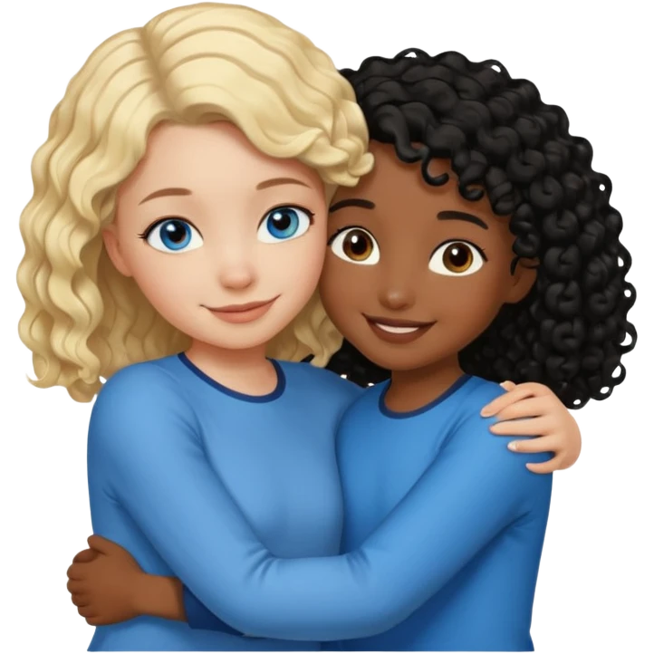 Girl best friends, one white with blond bob and blue eyes, one shorter black girl with long black curly hair, hugging emoji