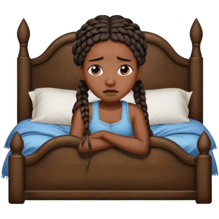 Black woman with braids in a big king size bed by herself crying emoji