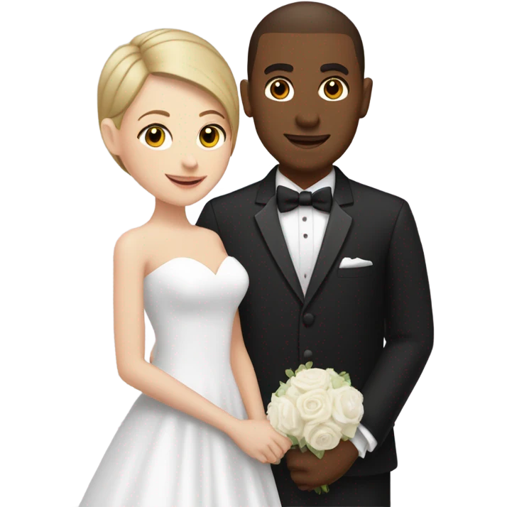 a white girl in a wedding dress with highlights in her short hair and a dark brown guy in a tux with a buzz cut  emoji