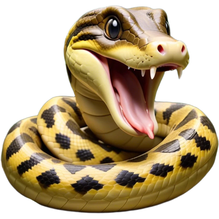 Cinematic Cute Yawning Anaconda Portrait Emoji, Head tilted slightly with a dramatic, wide-open yawn, showcasing a sinuous, scaled form with half-closed, drowsy eyes and an open, relaxed mouth, Simplified yet irresistibly adorable features, highly detailed, glowing with a soft, cozy jungle glow, high shine, relaxed yet expressive, stylized with a dash of whimsical reptilian charm, soft glowing outline, capturing the essence of a drowsy yet affectionate anaconda that appears ready to stretch out for a nap! emoji