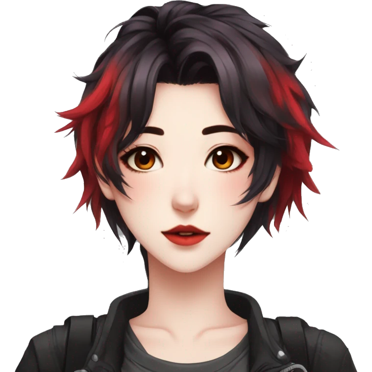 Gorgeous anime style tomboy-lady with blushing face aesthetic and pretty edgy black red punk hair with hair garment trending style emoji