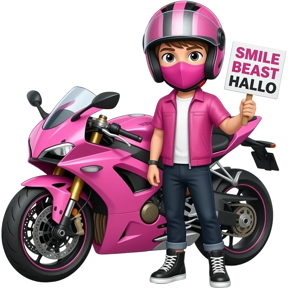 sexy boy with a motorcycle helmet in pink clothes and a pink motorcycle wearing a pink mask holding a SMILE BEAST HALLO sign emoji