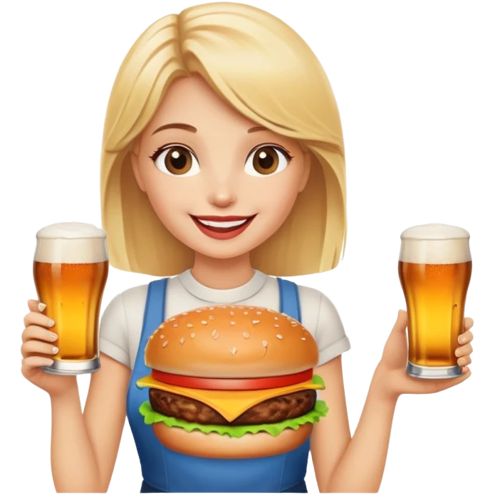 happy blonde girl with burger and beer  emoji