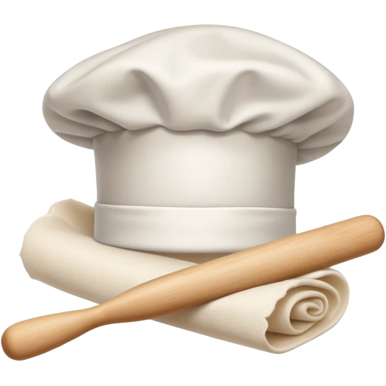 Cinematic Realistic Chef Hat & Rolling Pin, crisp white cotton hat with soft folds, resting beside a classic wooden rolling pin with smooth, polished curves, a light dusting of flour adding authenticity, warm kitchen lighting casting gentle shadows, glowing with a cozy and inviting charm. emoji