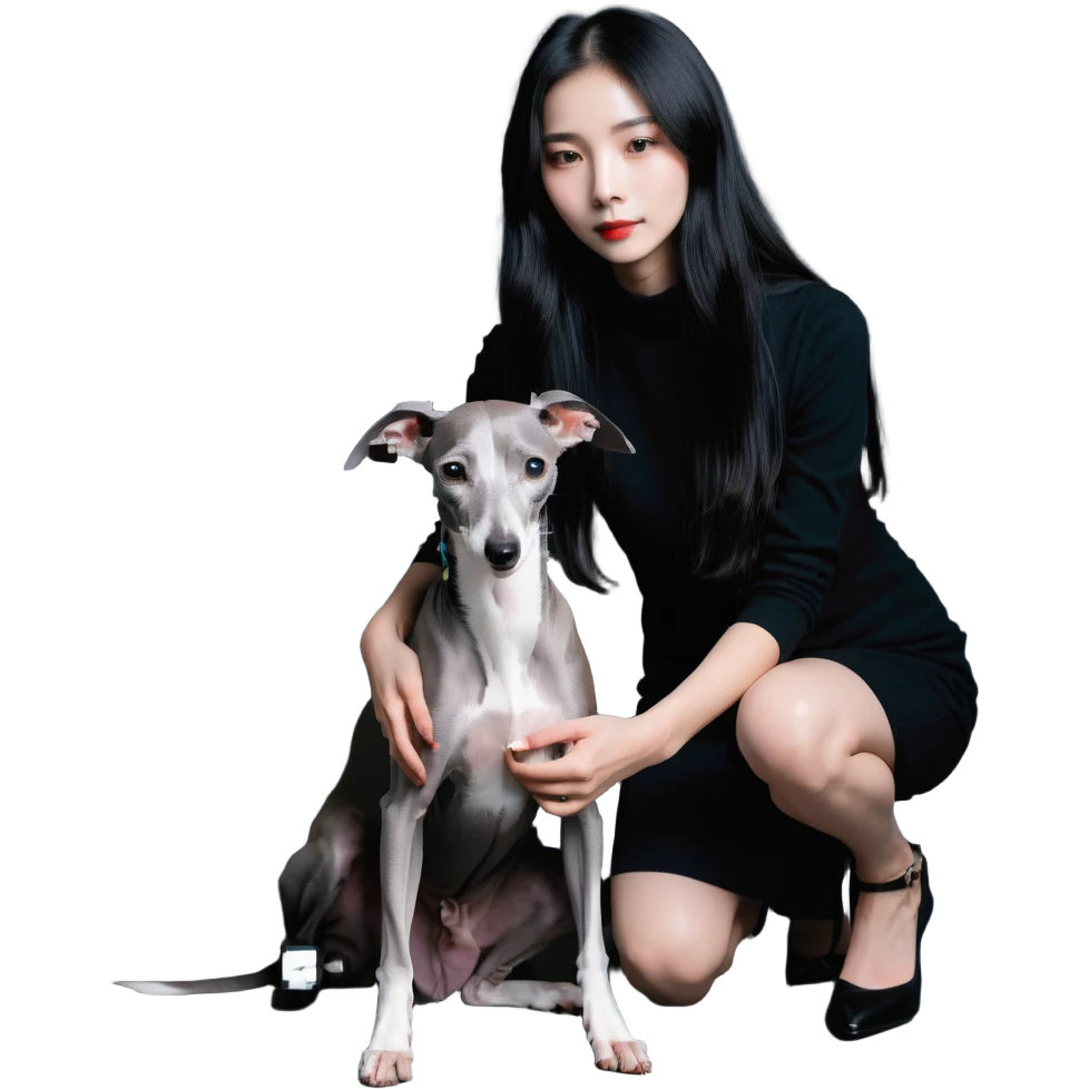 Slim Chinese girl with long black hair petting completely solid grey Italian greyhound with absolutely no white markings anywhere emoji