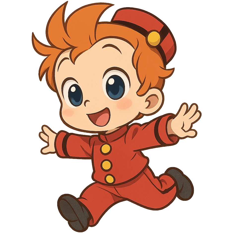 bébé Spirou, chibi style, très mignon, costume rouge, yeux grands, pose dynamique emoji