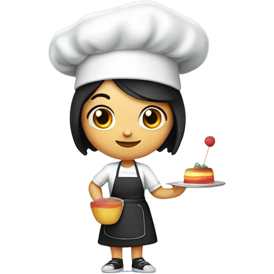 Girl chef with black hair holding a flan in one and and a lollipop in the other with a chef hat emoji