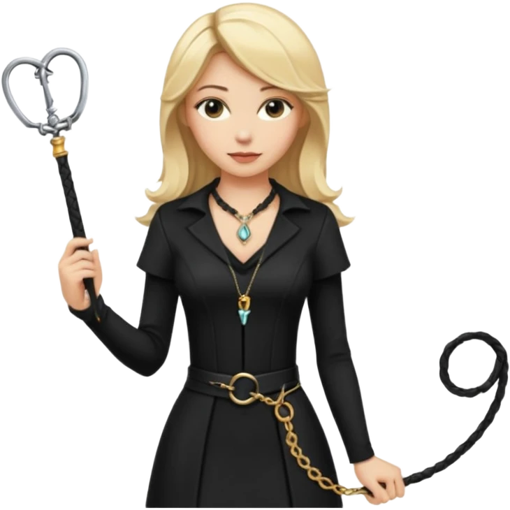 Dominatrix with blonde hair, black outfit, long key necklace, and a whip emoji