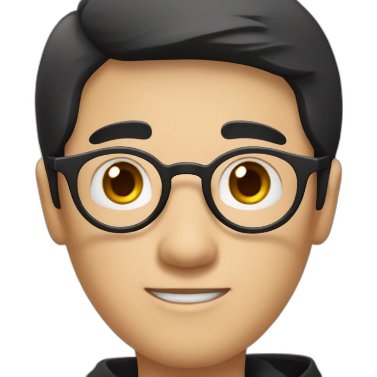 A mature Chinese boy with black hair and circle-shaped eyeglasses wearing black hoodie and ✌️ shaped hands emoji
