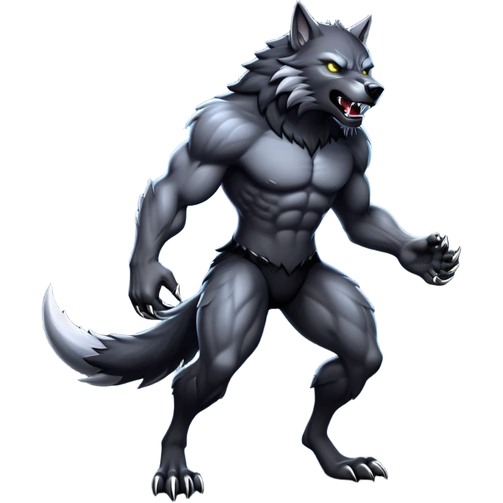cinematic-noble-fierce-werewolf-full body-emoji, poised-and-imposing, with a tall, slender, muscular frame, fur rippling in shades of midnight black and silver, eyes glowing with an intense, primal ferocity, reflecting the untamed power of the wild moonlit night; rendered with realism emoji