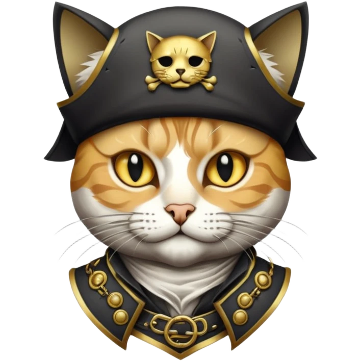 Highly detailed dark fantasy sticker art,cat, gritty pirate aesthetic, intricate engraving style, cinematic lighting, gold and charcoal color palette, sharp edges, white border, vector contour --v 6.0 emoji