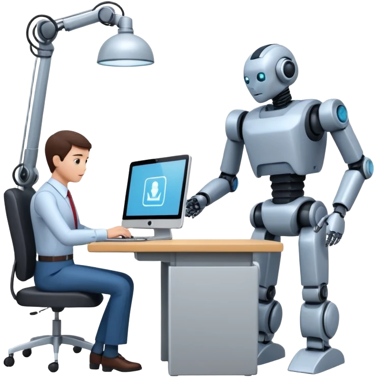 Digital Labour as an example of Agents at work in a workplace setting. I want to see a traditional office worker and a support co-worker that is an AI Agent [Not a Robot]. I DO NOT WANT images of ROBOTS! emoji