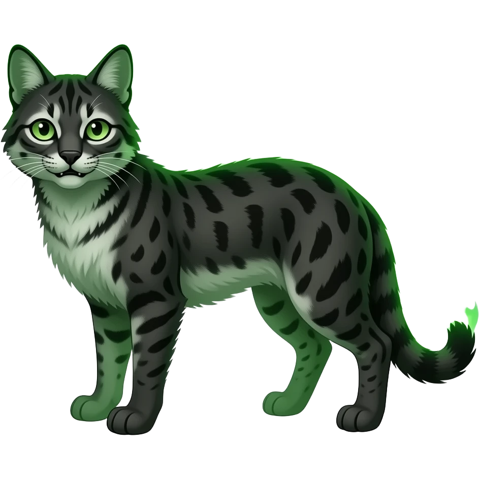 Eldritch green-fiery green-flamey Dark-deep-blackish-Greenish Zombie-serval, full body emoji