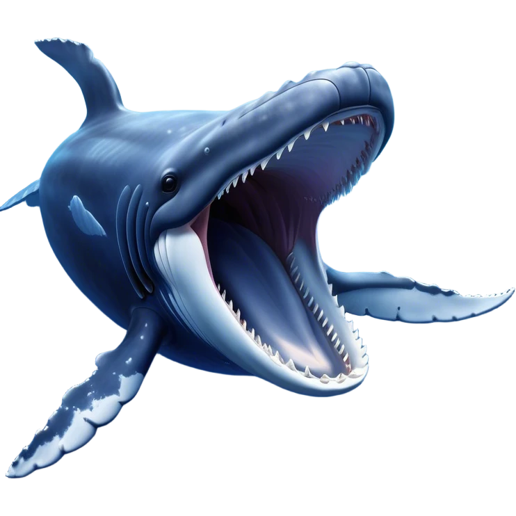 Meme-Worthy Singing Humpback Whale Portrait Emoji, Mouth open wide in a dramatic, melodious pose, showcasing a deep blue-gray body with barnacle accents and an expressive, soulful gaze, Simplified yet artistically graceful features, highly detailed, glowing with a soft, magical marine aura, high shine, enchanting and full of life, stylized with an air of deep-sea wonder, soft glowing outline, capturing the essence of a majestic humpback whale mid-song, resonating with the beauty of the ocean's ancient melodies! emoji