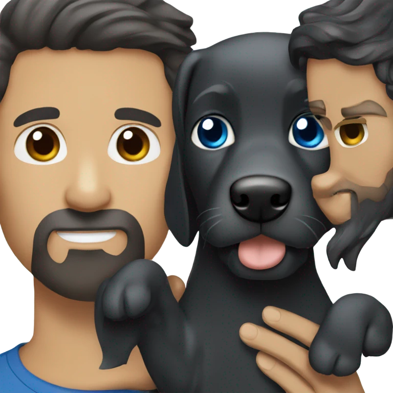 beard man black hair blue eyes holding black Labrador  emoji