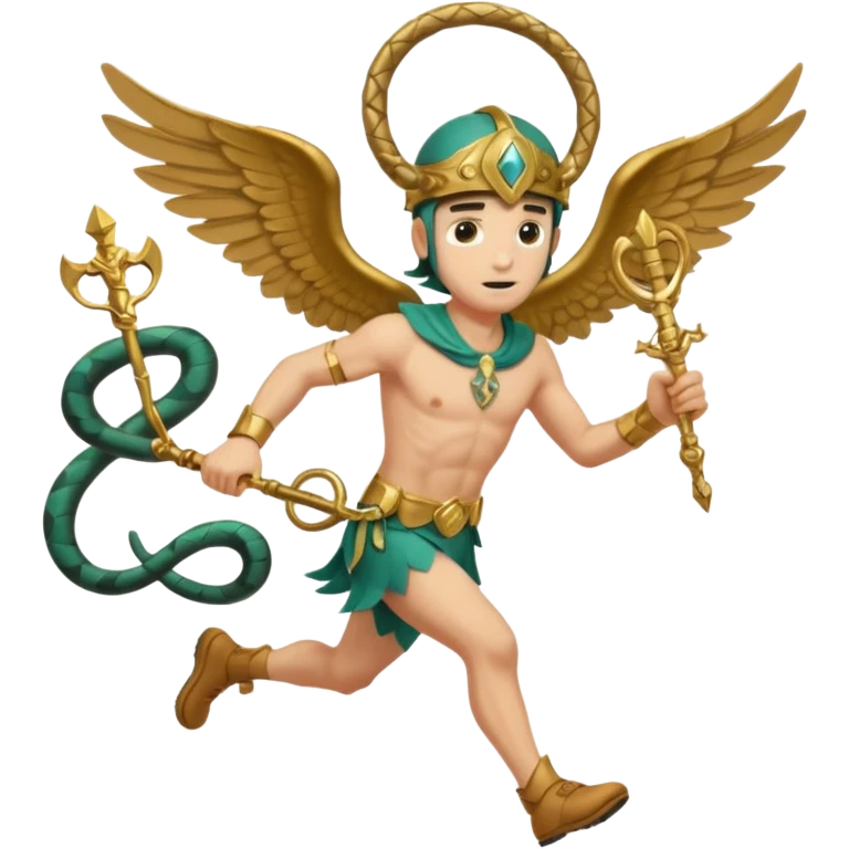 a guy (hermes) running with his caduceus (winged staff + two nakes) and a petasos on his head (winged helmet) emoji