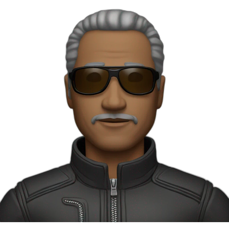 56 year old man, balled, brown eyes, black motorcycle suit, sunglasses on forehead emoji