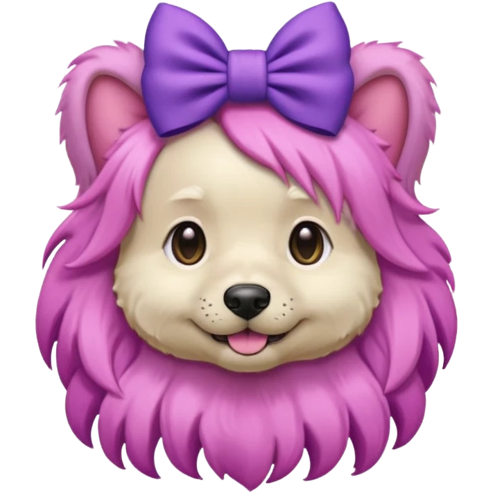 dog with pink long hair and purple bow on head emoji