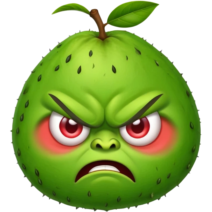 Angry guava fruit character with furrowed eyebrows and grumpy expression emoji