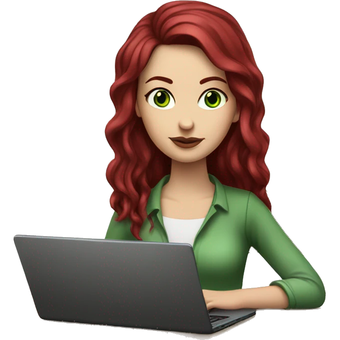 Slavic white girl with burgundy hair and green eyes with laptop on the table  emoji