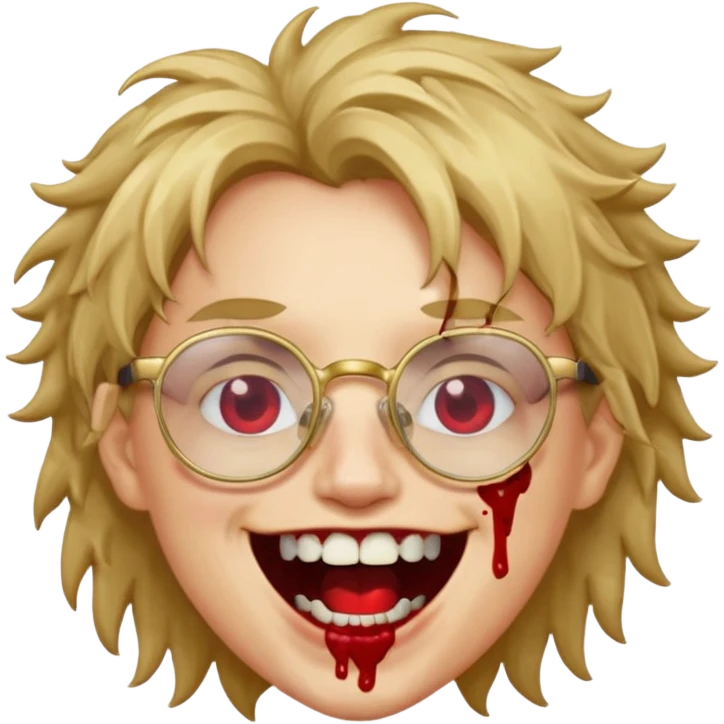 Cabelo bagunçado com oculos sorrindo com metade do rosto com dente de ouro e saindo sangue da boca  emoji