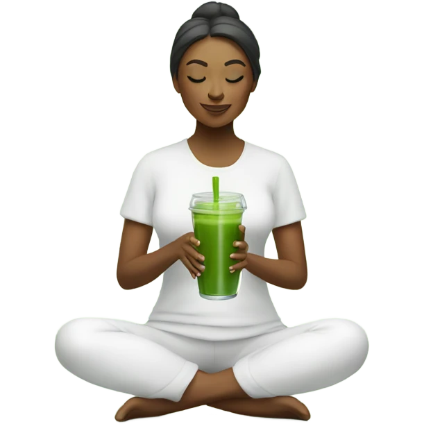 A woman in white meditating while holding a green smoothie emoji