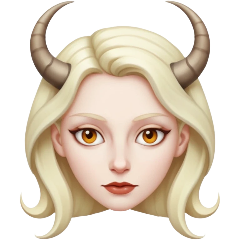 Woman with subtle horns, smooth skin and sharp gaze, divine corruption emoji