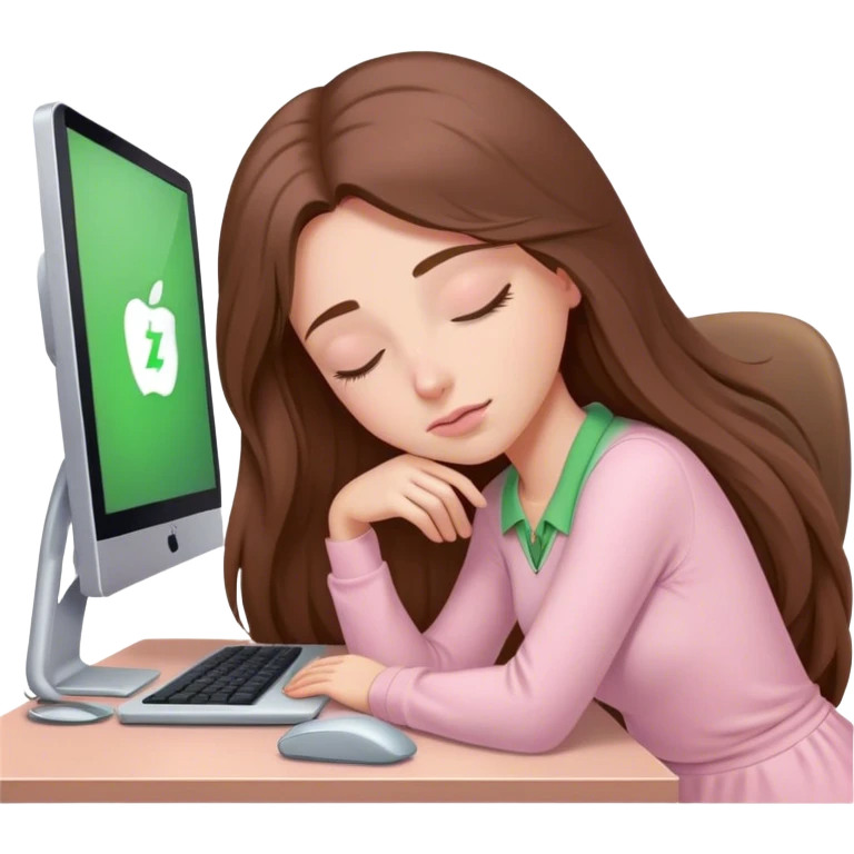 pretty woman with very long brown hair and green eyes and light pink outfit sleeping working on a computer emoji