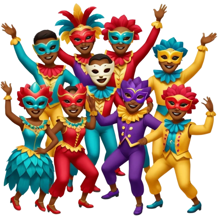 Várias pessoas dançando vestido com roupa de carnaval emoji