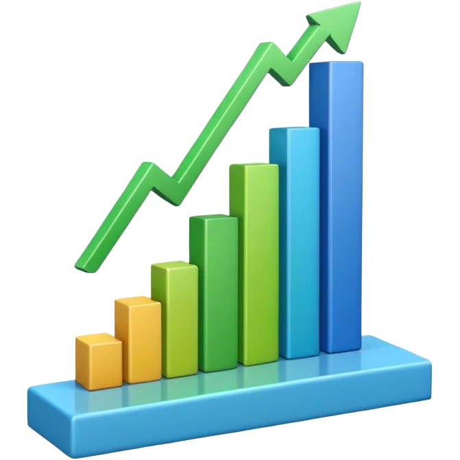 3D bar chart with upward trend, pie chart, colorful graphs, 
data visualization, blue and green colors, transparent background, 
emoji style, realistic, modern business analytics emoji