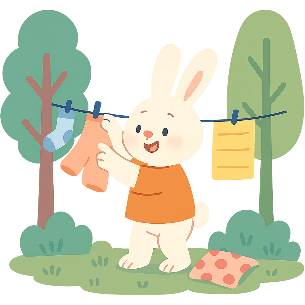 bunny hanging laundry between trees, calming domestic forest feel, soft pastel colors emoji