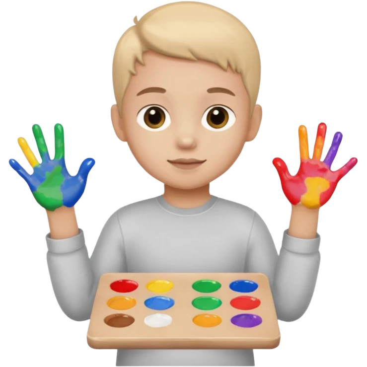 Kid with finger-painted hands and body, palette emoji