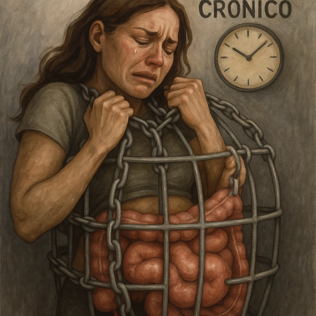 emotional realism wellness illustration of a woman trapped in a cage made of silver chains representing contracted pelvic muscles, her hands pulling at the chains, bloated intestines pressing against the bars, a clock ticking with the words 'Dolore Cronico', muted tones, symbolic style emoji