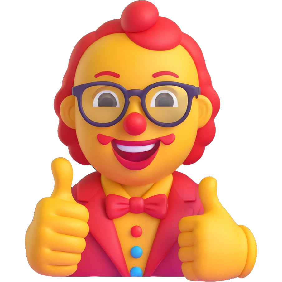 AI emoji with a smirk, wearing a clown nose and oversized glasses, giving a funny thumbs up to friends, comedic and cheerful emoji