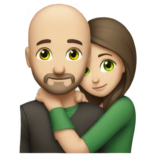 Intimate hug bald man beard green eyes long dark hair woman emoji