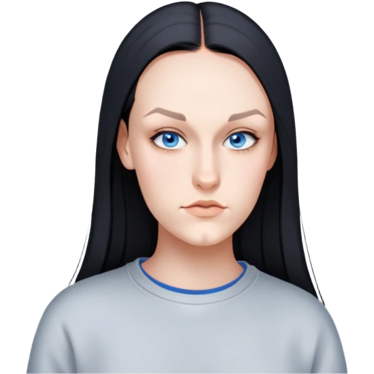 female, wearing grey sweatshirt, long black hair emoji