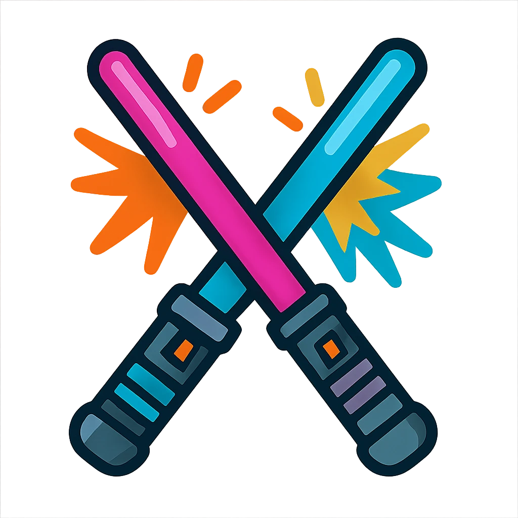 a pair of crossed lightsabers, one magenta and one blue, vibrant cartoon style emoji