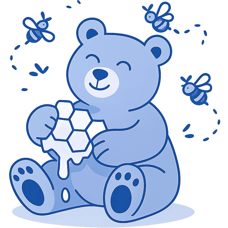 happy bear enjoying honeycomb surrounded by bees emoji