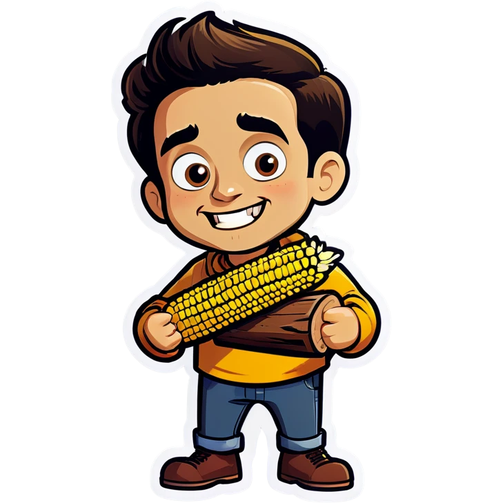 A yellow Spanish bold corn with a suspicious smile holding logs in his hands and about to eat them emoji