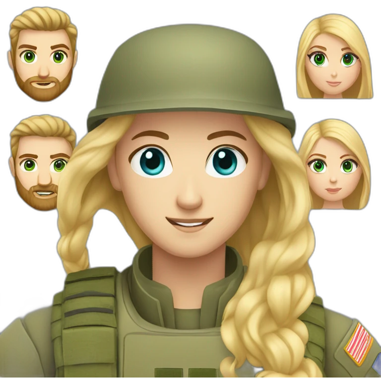 military blonde man with beard, blue eyes with girl who has long light-brown hair and green-grey eyes emoji